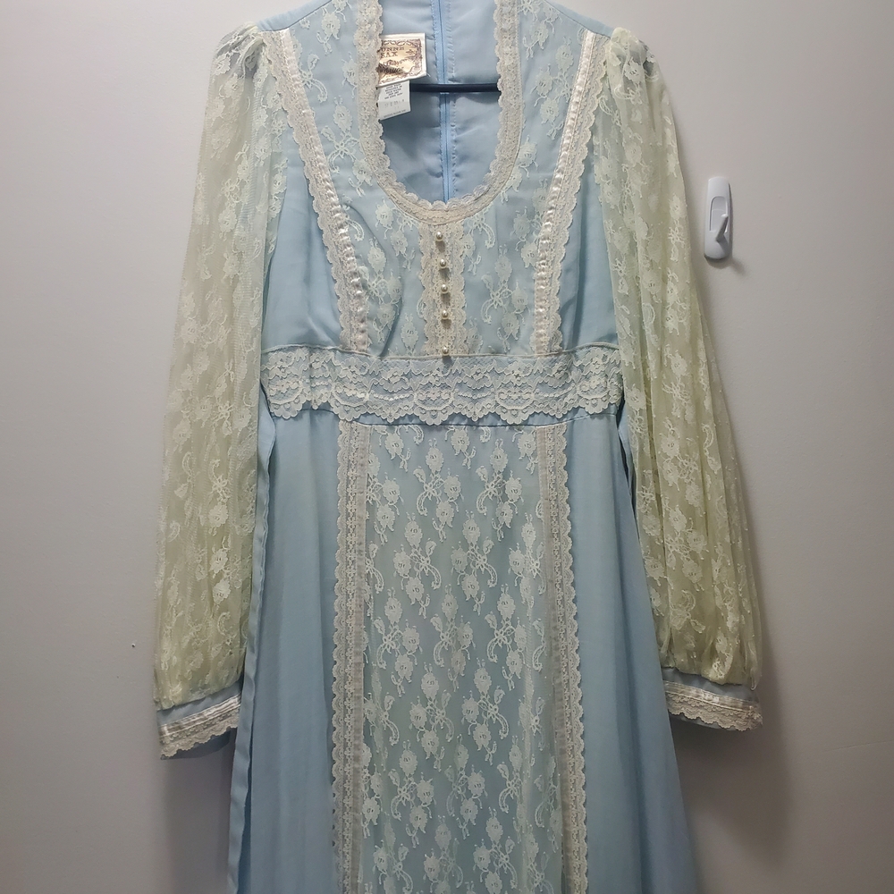 Gunne Sax Blue Dress with Cream Lace